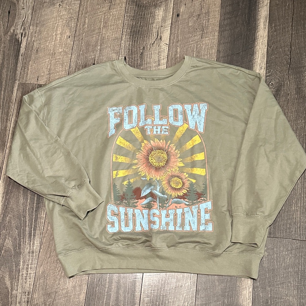 Maurices Olive Green Graphic Crewneck with Blue & Orange Print